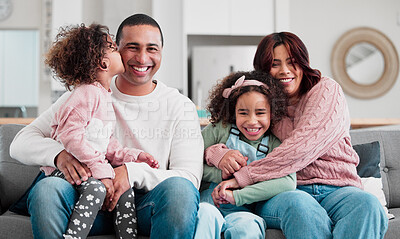 Buy stock photo Happy family, portrait and hug with children on sofa for bonding, love and care together at home. Father, mother and young kids or sisters with smile in joy for childhood, support or growth at house