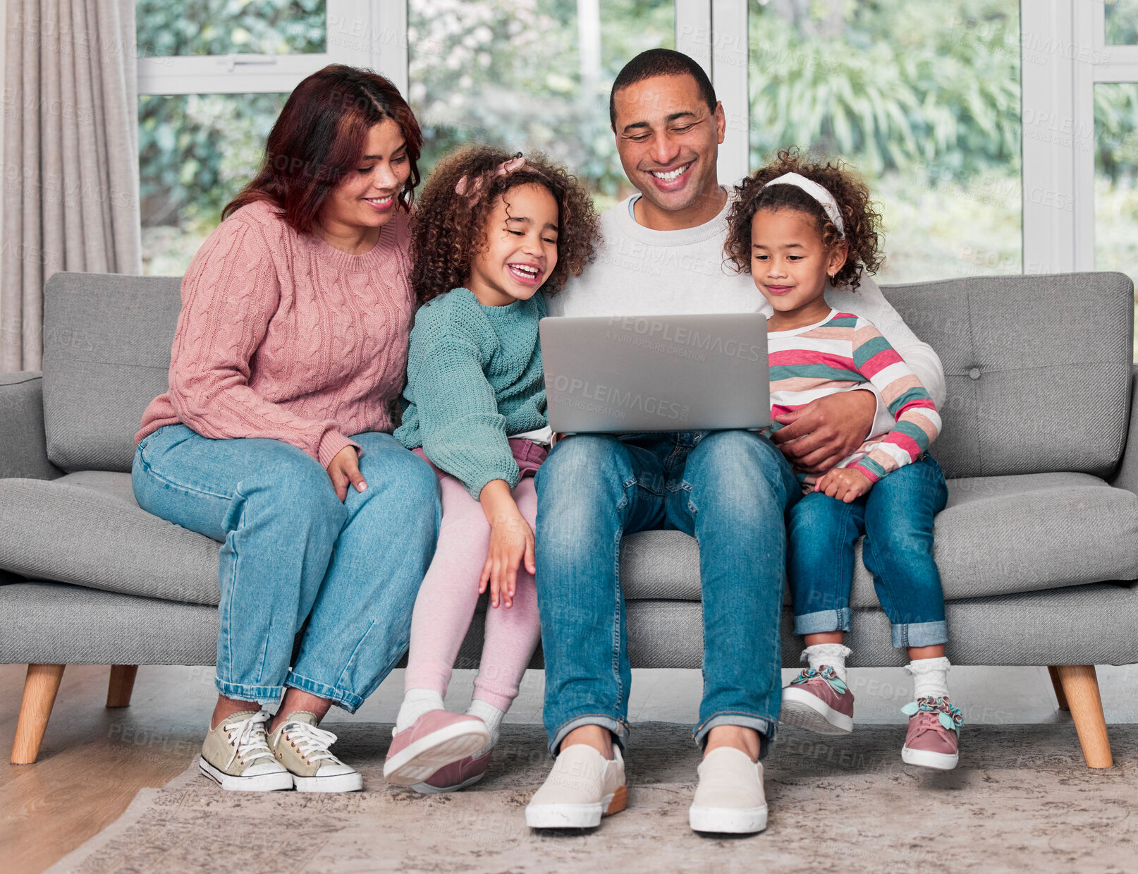 Buy stock photo Laptop, relax and family on sofa in home playing educational game online for childhood development. Happy, love and kids resting with parents on computer with learning video for growth at house