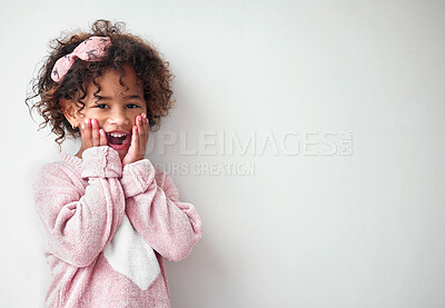 Buy stock photo Surprise, happy and portrait of child in studio with mockup space for deal, promotion or prize. Shock, winning and girl kid from Colombia with wow, excited or omg expression by white background.