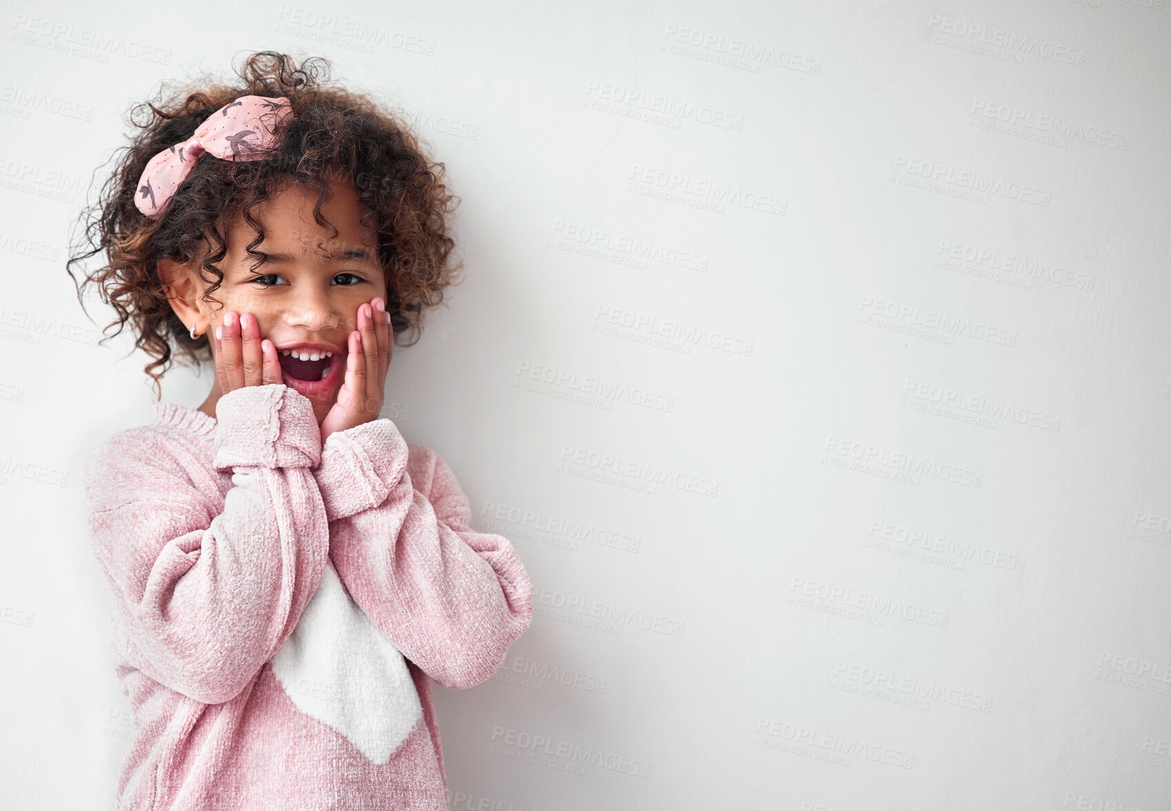 Buy stock photo Surprise, happy and portrait of child in studio with mockup space for deal, promotion or prize. Shock, winning and girl kid from Colombia with wow, excited or omg expression by white background.