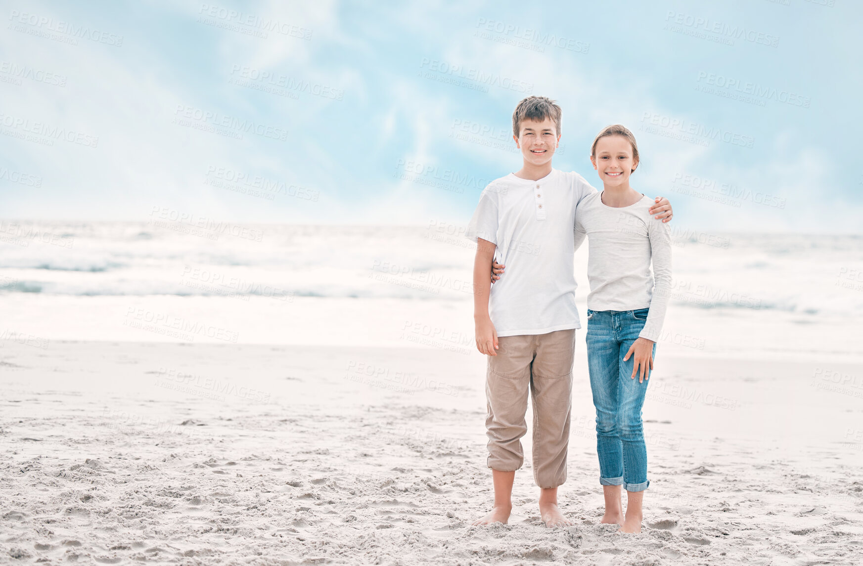 Buy stock photo Portrait, siblings and hug for beach, holiday and travel by ocean for outdoor fun, adventure or play. Bonding, happiness and children on summer vacation, weekend or island destination in mockup space