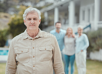 Buy stock photo Shot of a mature man standing in the garden at home