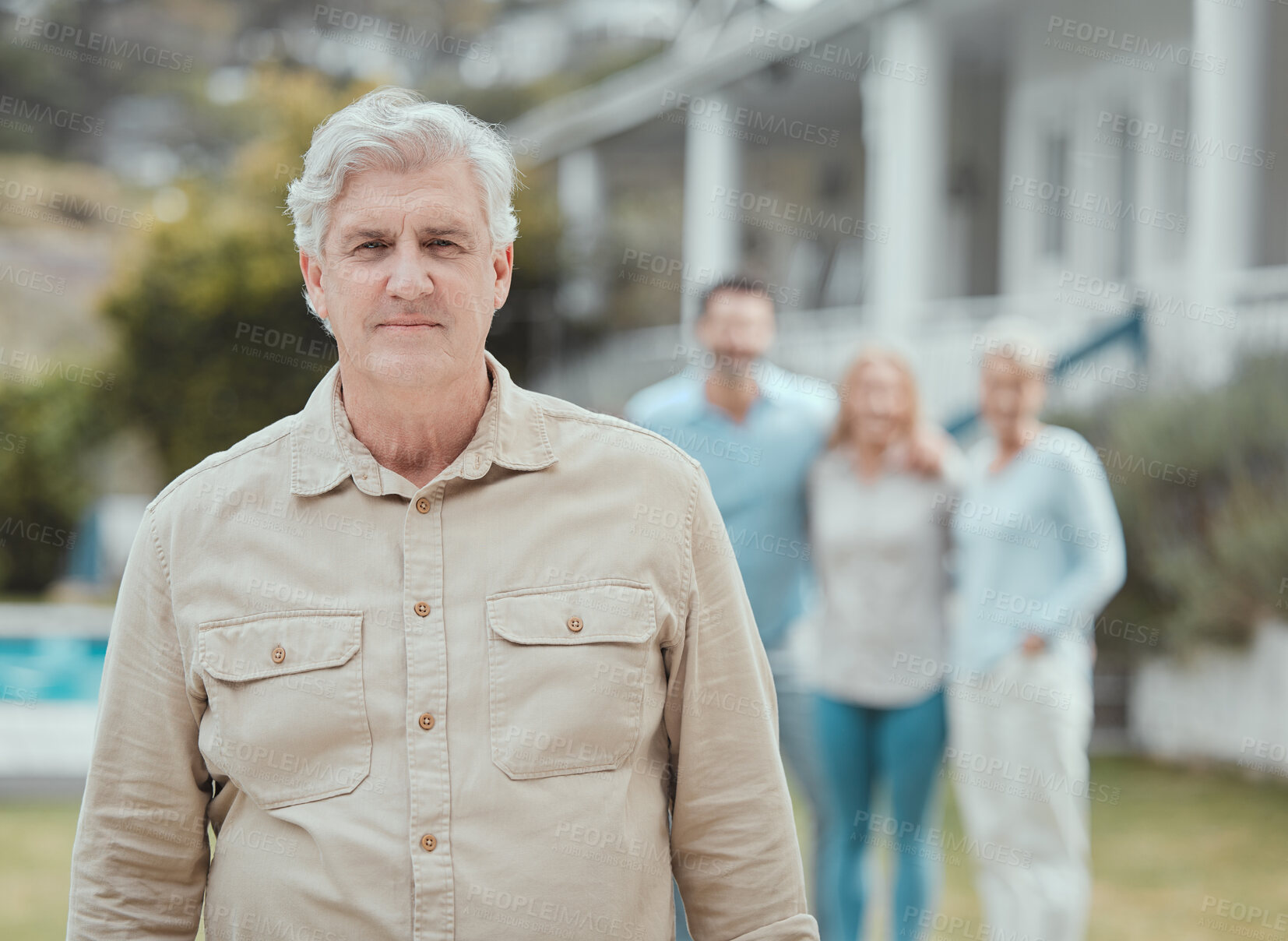 Buy stock photo Senior man, garden and portrait by home backyard with family to relax outdoor together. Face, confidence and mature person by house with grandfather in retirement for peace with people or friends