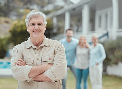 Buy stock photo Shot of a mature man standing with his arms crossed in the garden at home