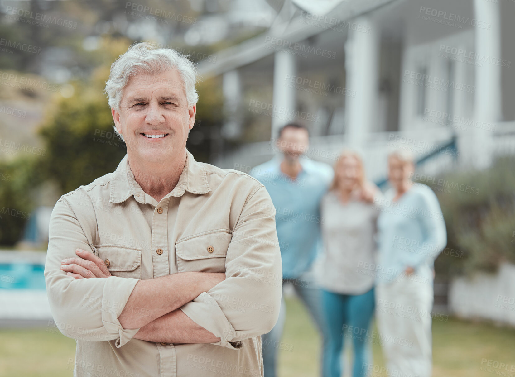 Buy stock photo Senior man, confidence and portrait at backyard with family to relax outdoor together by home. Face, arms crossed and happy mature person by house with grandpa in retirement with people or friends