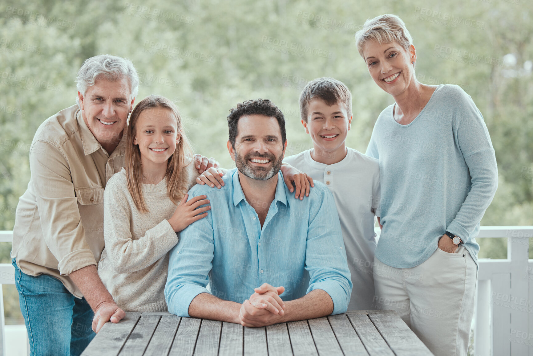 Buy stock photo Smile, backyard or portrait of big family in home on porch to relax with love, support or care together. Group, happy or senior grandparents with children siblings for bonding or wellness in Scotland