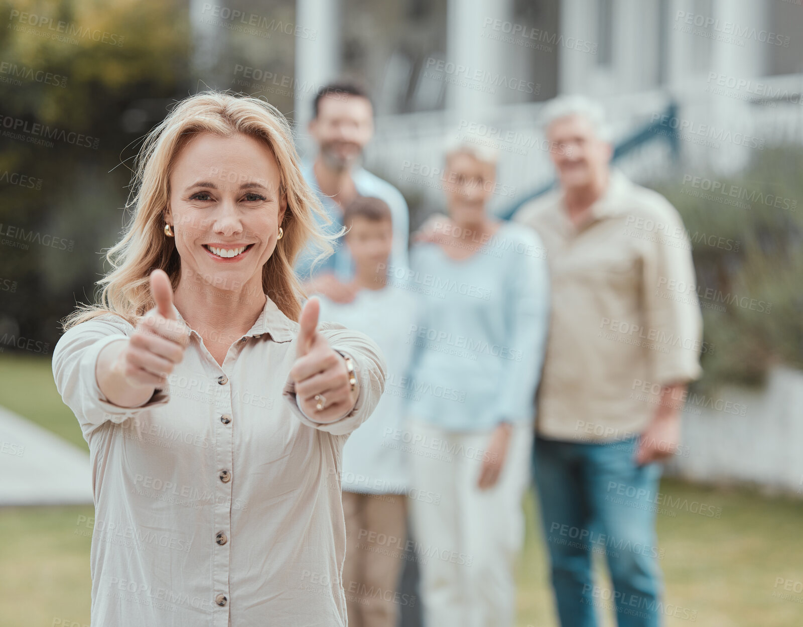 Buy stock photo Portrait, smile and thumbs up of woman in garden of new home with family for property investment. Success, support or thank you and parent outdoor with senior people and kids for real estate growth