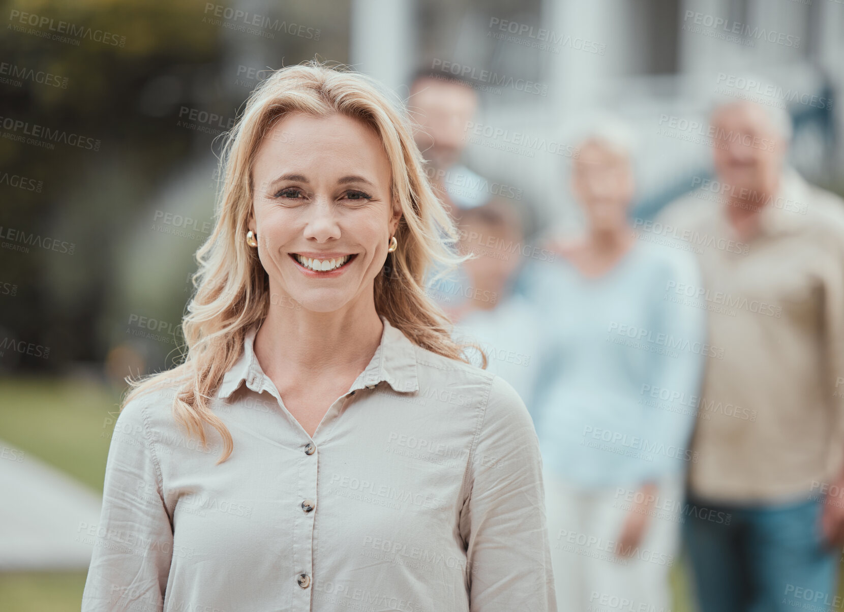 Buy stock photo Woman, happy and portrait at backyard with family or smile to relax in outdoor garden together. Confident, parent and proud mother by house for real estate property with people or kid in Australia