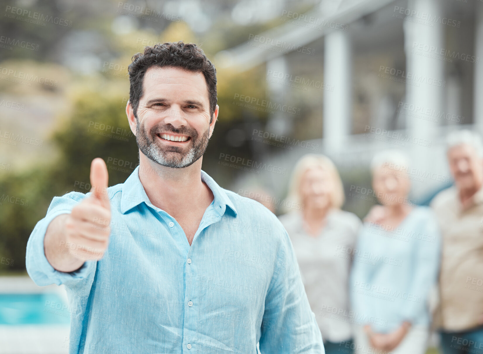 Buy stock photo Mature man, portrait and thumbs up in backyard for approval, relax and thank you with family on weekend. Male person, smile and hand sign outdoor by house for agreement, ok and success as well done