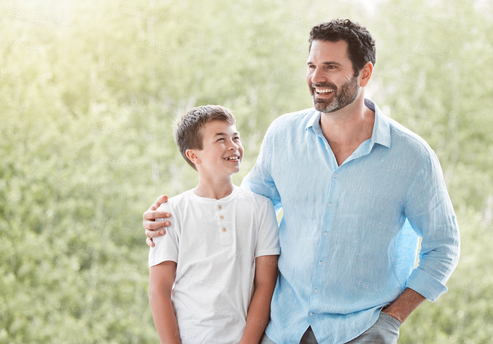 Buy stock photo Father, child or happy in garden with hug, love or proud dad moment for joke. Mature man, kid or affection in backyard with smile, embrace or support on weekend with care for relationship development
