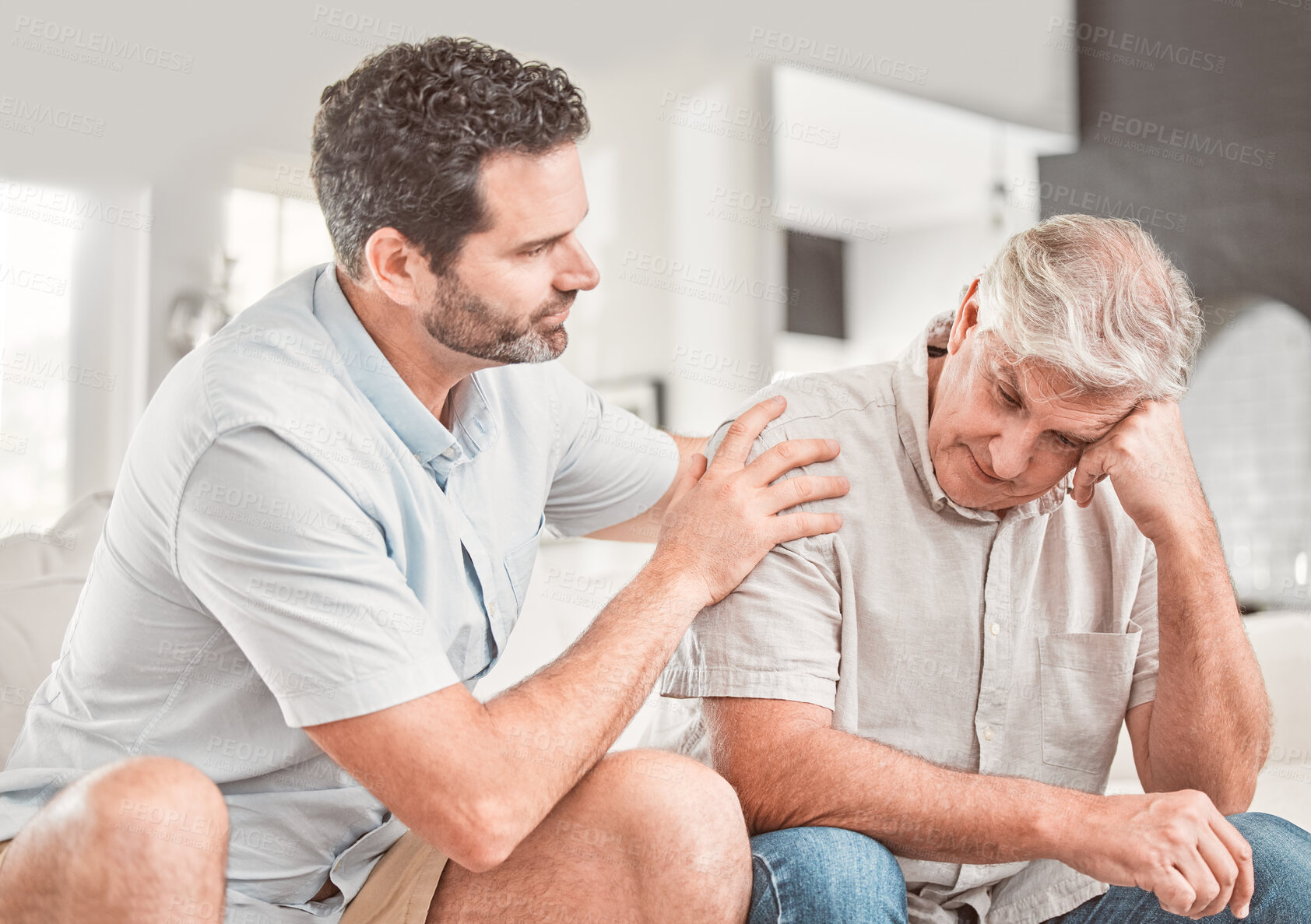 Buy stock photo Sad, compassion and empathy with senior father and man for love, support and helping others. Conversation, mental health and trust with people and advice in family home for talk, crisis and sympathy