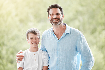 Buy stock photo Father, kid and portrait in garden with hug, love or proud dad moment for joke. Mature man, child or happy in backyard with smile, embrace or support on weekend with care for relationship development