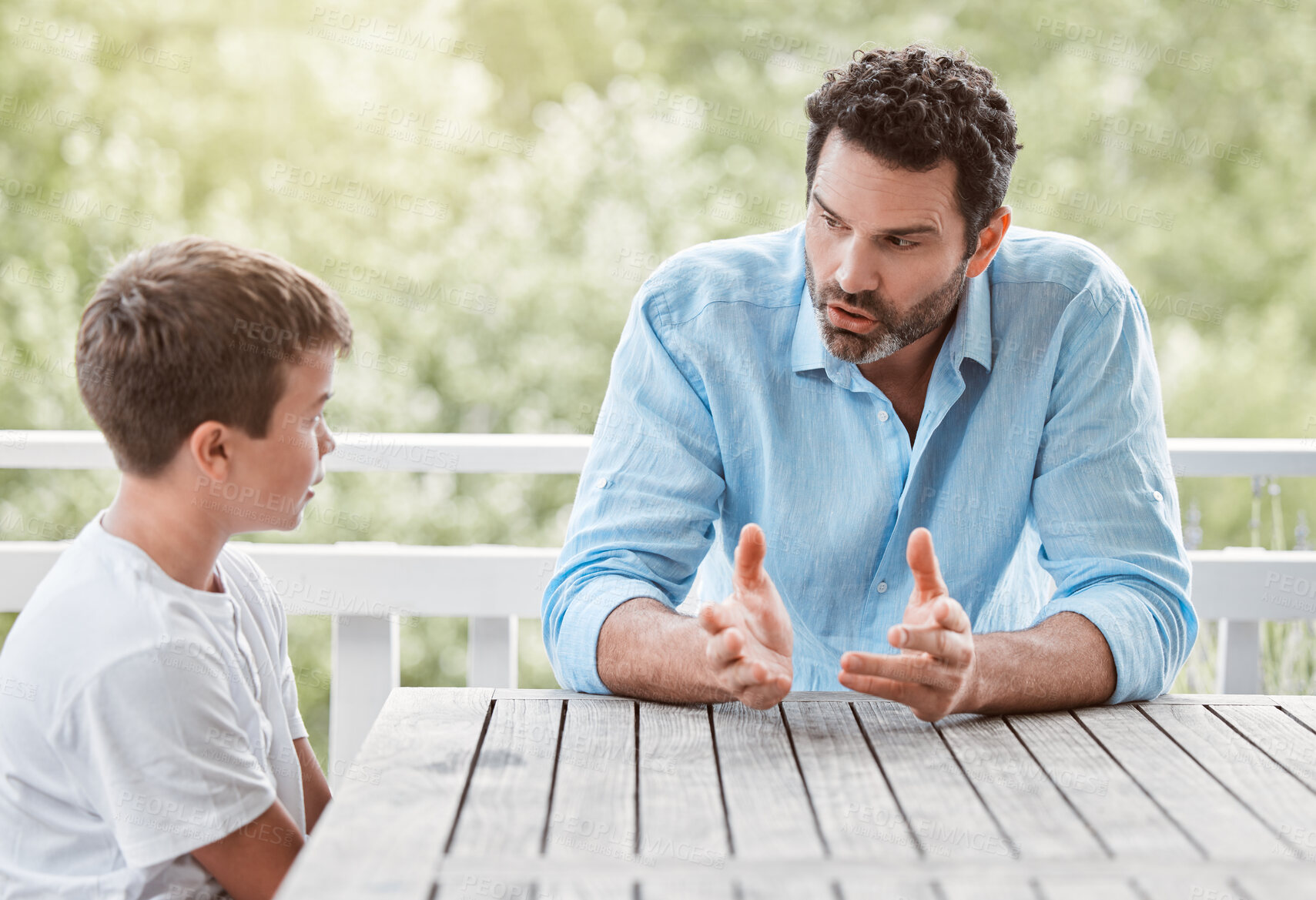 Buy stock photo Advice, support and listening with father and son for love, compassion and helping others. Conversation, mental health and trust with people in family home for talking, crisis and discussion together