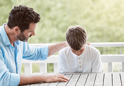 Buy stock photo Advice, support and sad with father and son for love, compassion and helping others. Conversation, mental health and trust with people in family home for talking, listening and discussion together