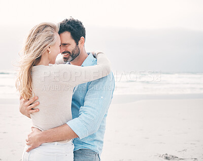 Buy stock photo Travel, beach and couple touching forehead on holiday, vacation and weekend for anniversary. Intimacy, marriage and happy mature man hugging woman for bonding, quality time and happiness by ocean