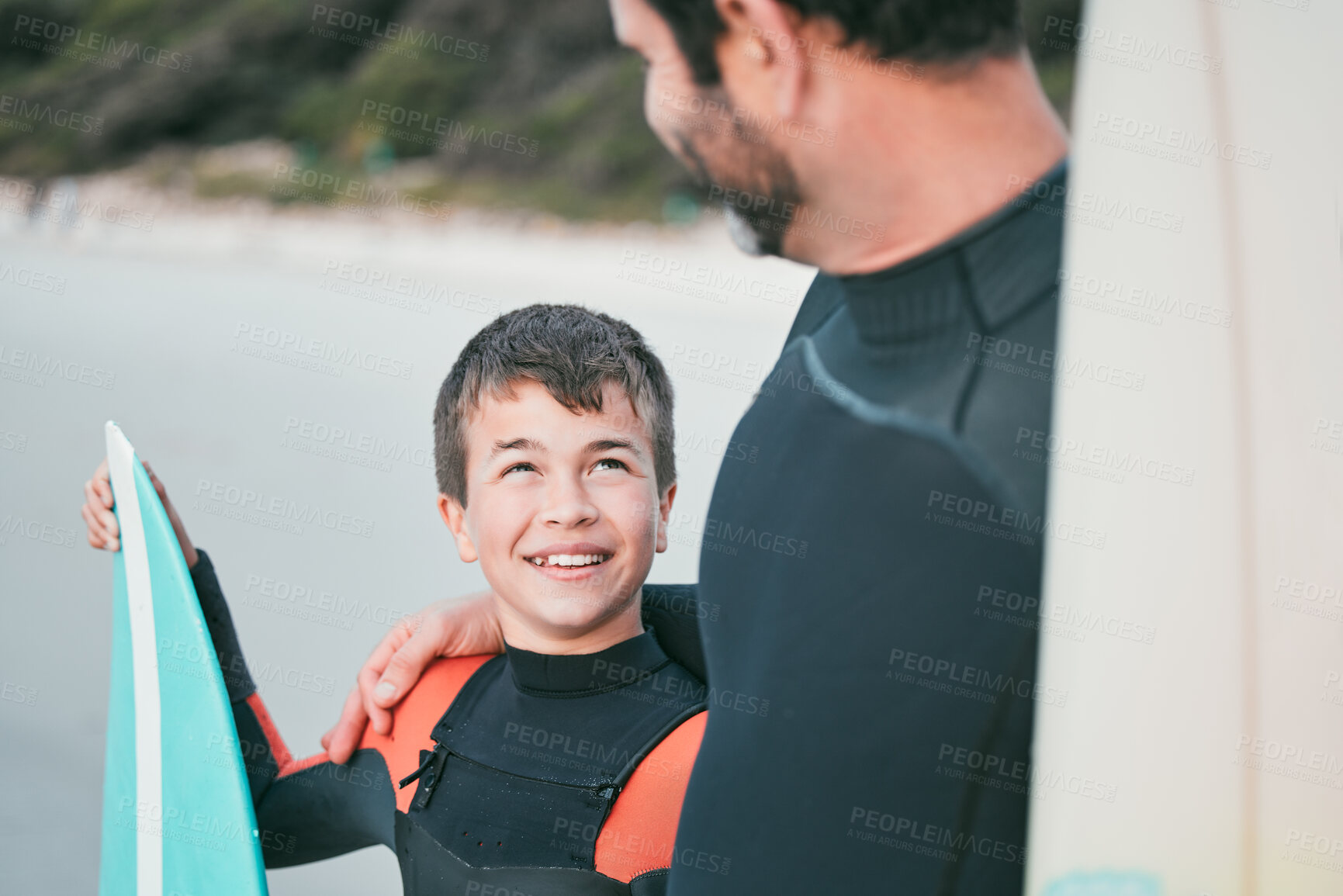 Buy stock photo Surfboard, dad or boy with smile at sea for sports or outdoor exercise for fitness, bonding or support. Happy, father or kid surfer at beach for surfing, teaching or learning together for fun travel