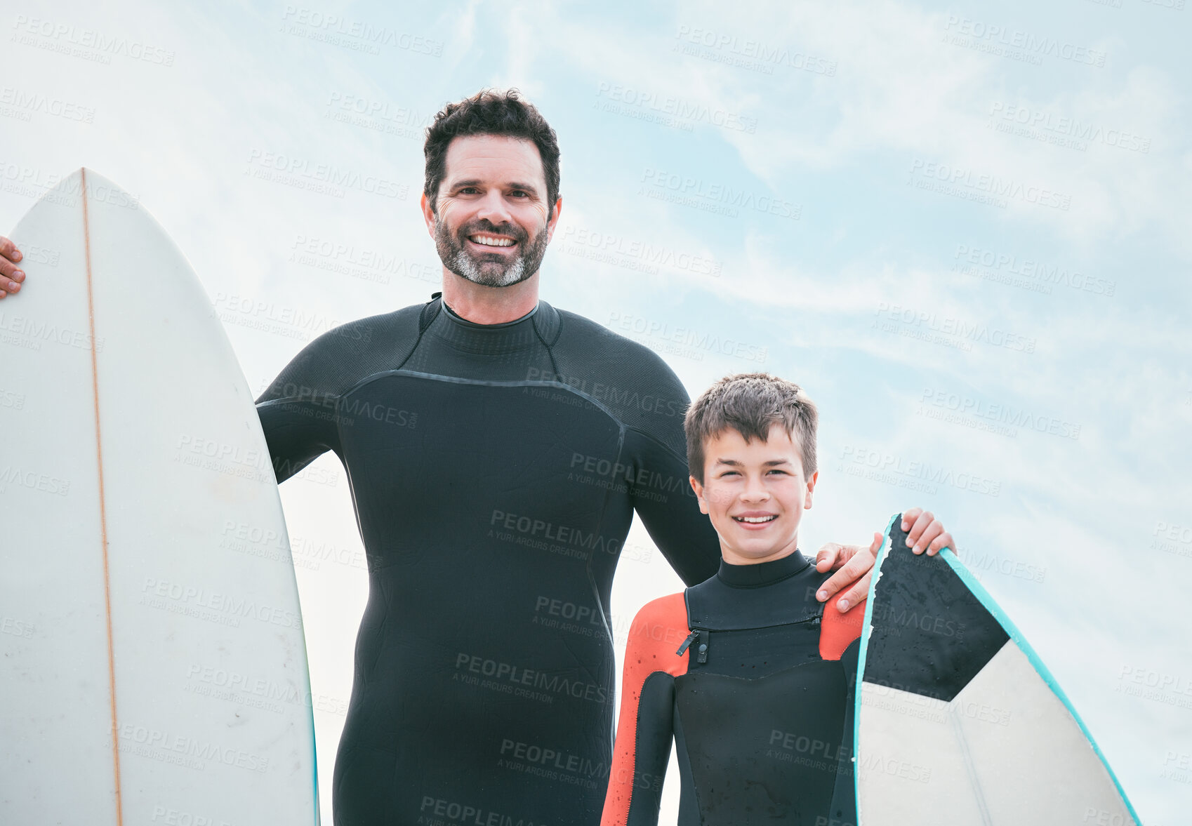 Buy stock photo Portrait, dad and happy kid with surfboard on beach for sports or exercise on bonding adventure. Surfer, father and son at ocean for surfing, teaching and learning together with support and smile