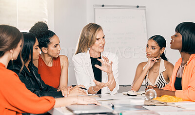 Buy stock photo Business people, diversity and women in meeting, planning and brainstorming with cooperation. Employees, empowerment and coworkers with documents, magazine agency and creativity for project and talk