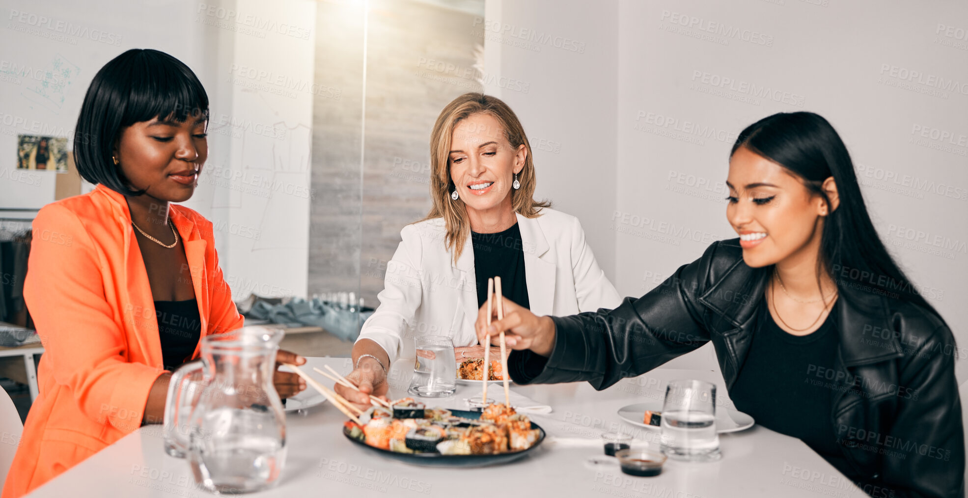 Buy stock photo Sushi, women or smile in office with chopsticks, luxury meal and takeaway food for lunch. Japanese cuisine, utensils or team at table for seafood sharing, high quality catering or business expense