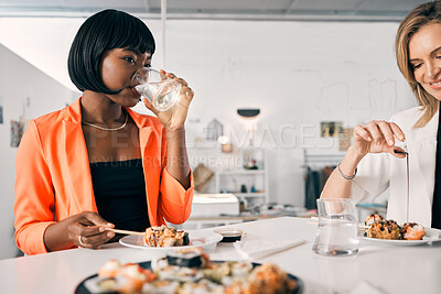 Buy stock photo Sushi, woman and water in office for lunch, luxury meal and takeaway food with chopsticks. Japanese cuisine, utensils and design team at table for sharing, high quality catering and business expense