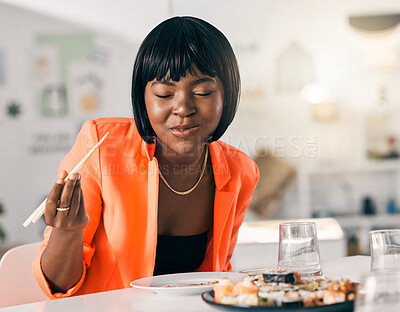 Buy stock photo Black woman, sushi and enjoy food in office for lunch, luxury seafood and takeaway meal. Designer, eyes closed and Japanese cuisine at table with chopsticks, high quality catering or business expense