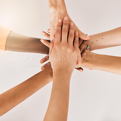 Buy stock photo ?Hands stacked, teamwork and women in support, collaboration goals and community or solidarity from above. Circle, group of people and team work, faith or together sign isolated on a white background