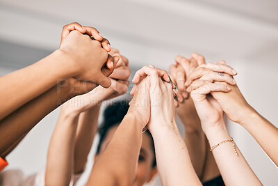 Buy stock photo People, unity or holding hands with team for collaboration, synergy or motivation together at office. Closeup, group or community touching for mission, trust or cooperation in solidarity at workplace