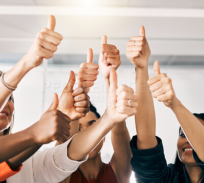 Buy stock photo Success, thumbs up and group of people for thank you, support or teamwork hands winning, yes and like emoji. Great, okay and business women or team in collaboration, thanks and winner sign at office