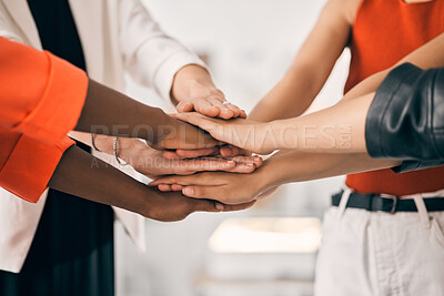 Buy stock photo Hands together, support and group of people with teamwork, collaboration goals and community or solidarity in zoom. Diversity women, circle and team work, faith or stacked sign for project or startup