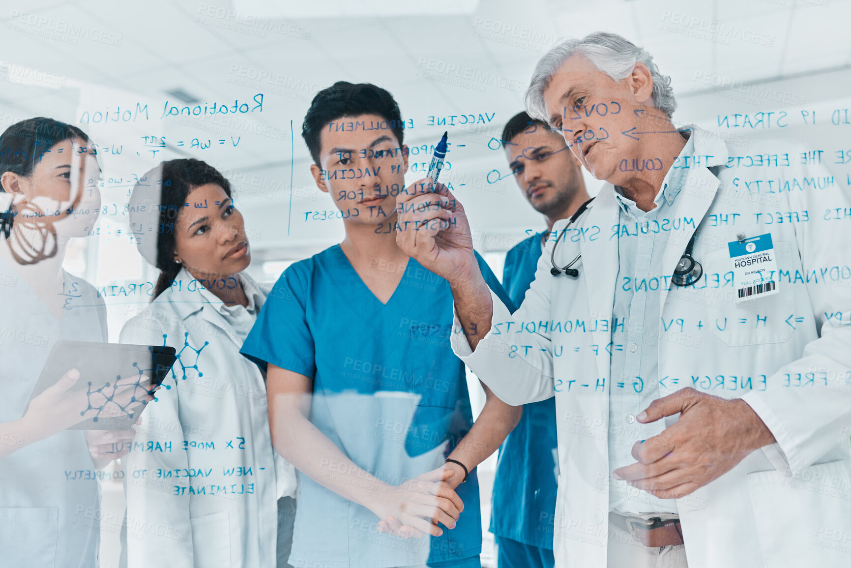 Buy stock photo Medical, team and people writing on glass in hospital for medicine formula, vaccine research or brainstorming. Nurse, mature doctor or diagnosis training for healthcare, treatment and virus discovery