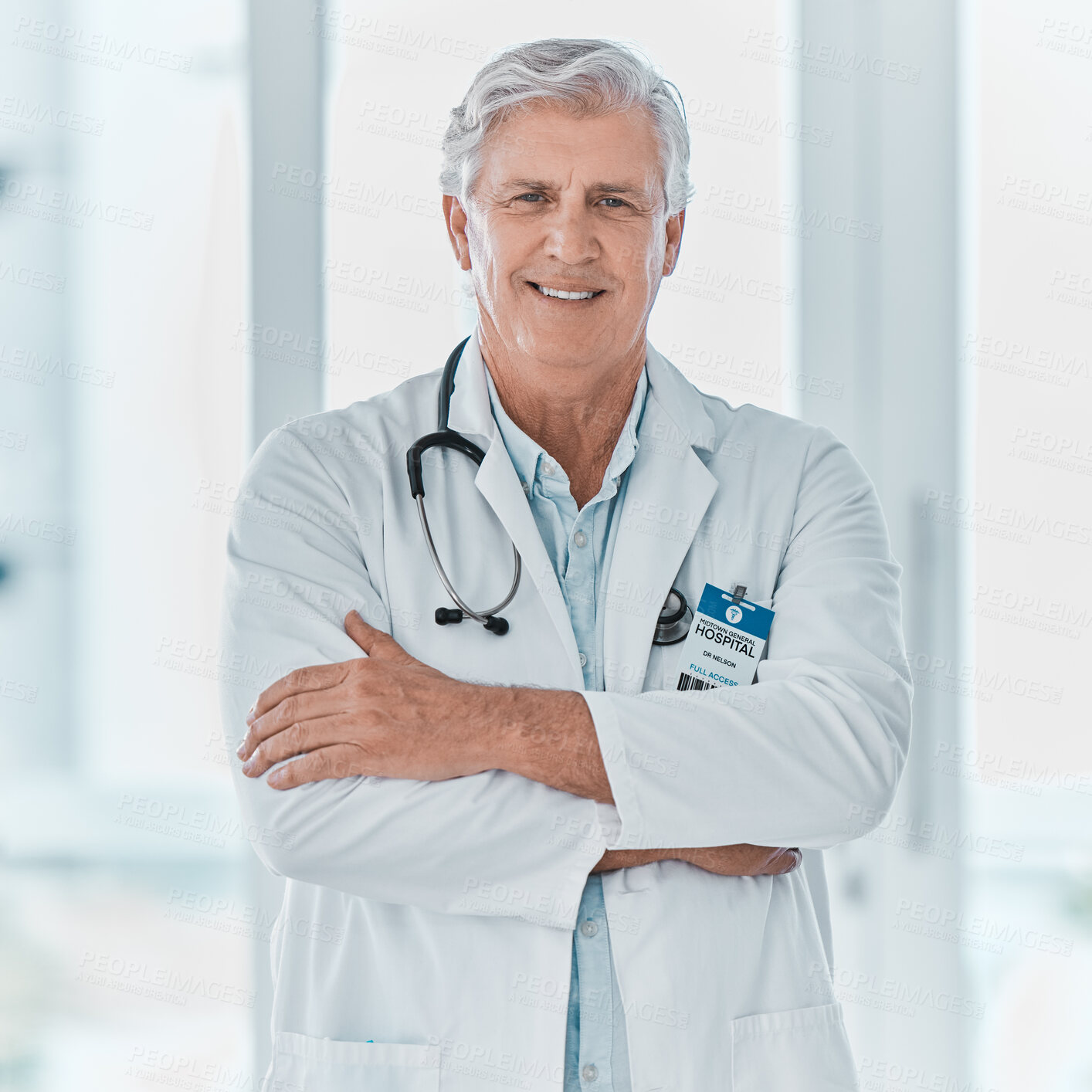 Buy stock photo Doctor, portrait and confidence in hospital for wellness, medicine and medical service with stethoscope. Mature man, surgeon and pride in office for health, healthcare and treatment with crossed arms