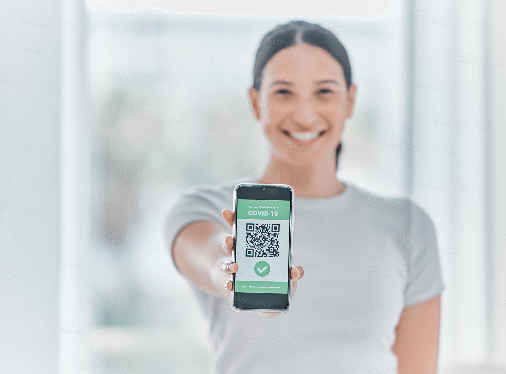 Buy stock photo Smartphone, screen and woman with QR code, test results and virus or medical mobile app for health services. Website ux, online info and feedback with happy person and digital healthcare software