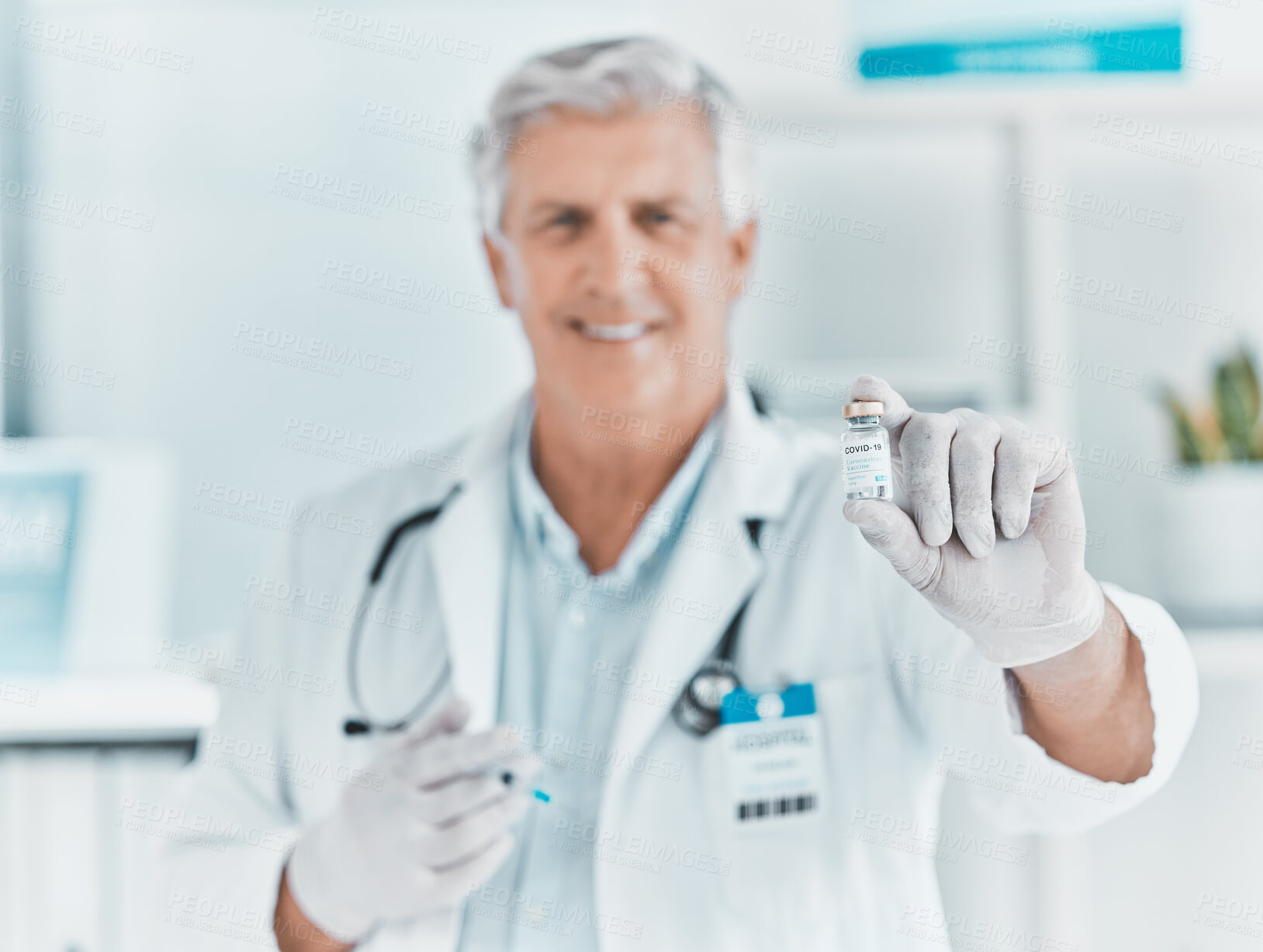 Buy stock photo Man, doctor and vial for vaccine sample in hospital, immunity treatment and bottle of liquid. Mature person, specialist and dose of drugs for prevention of virus, medicine and container for flu