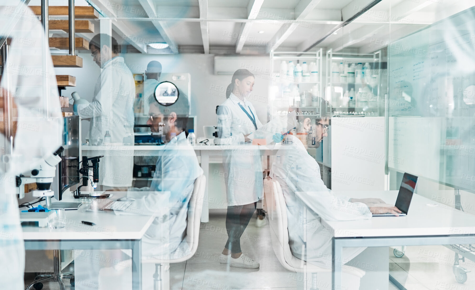 Buy stock photo Scientist, people and working in lab with double exposure for medical research, chemistry analysis and pharma staff. Science, team and medicine experiment with technology and treatment development