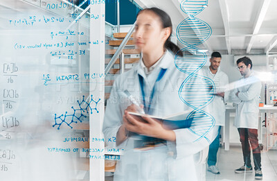 Buy stock photo Woman, scientist and writing for dna formula in lab with futuristic science, medical question and biotechnology. Researcher, notebook and glass for healthcare planning, gene study and pharmaceutical