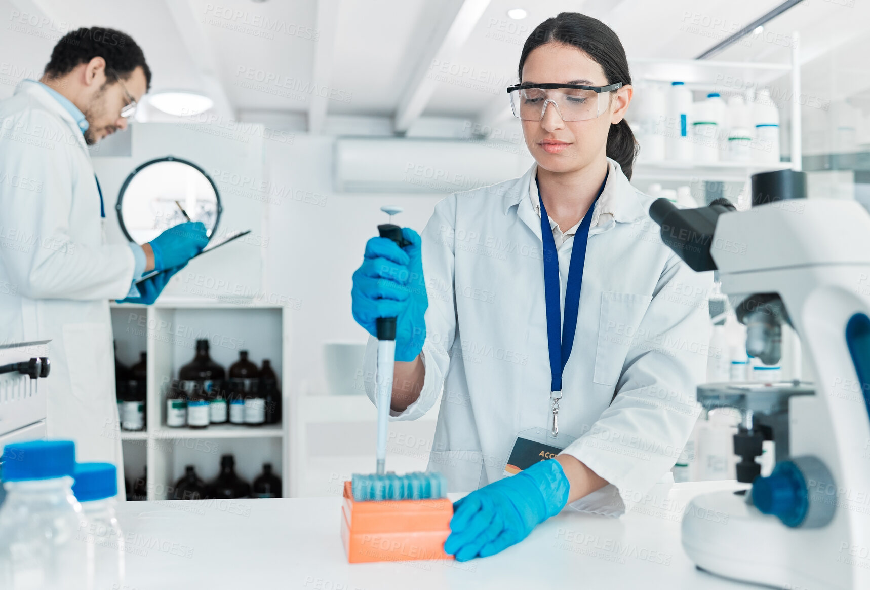 Buy stock photo Dropper, woman and scientist in laboratory for DNA particles, clinical trial and chemical discovery. Biotechnology, medical science and vaccine research with testing samples for mpox cure development