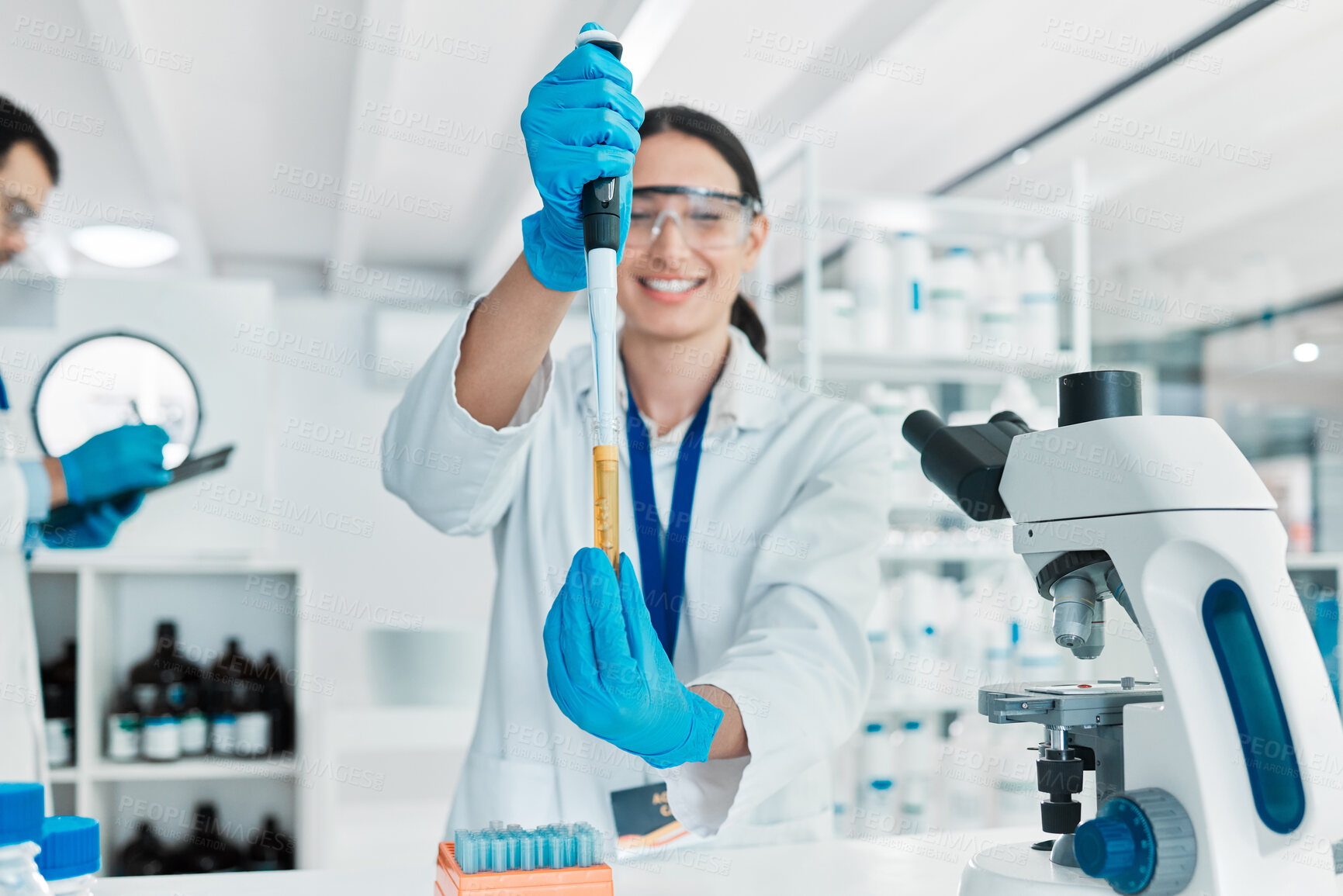 Buy stock photo Dropper, happy woman or scientist in laboratory for particles, clinical trial or chemical discovery. Biotechnology, medical science and vaccine research with testing samples for mpox cure development