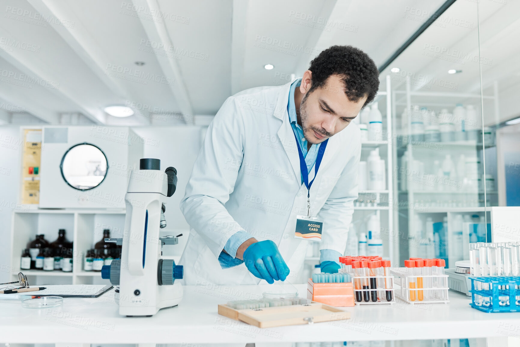 Buy stock photo Man, researcher and blood sample in lab for medical analysis, dna experiment and engineering solution. Scientist, liquid test and healthcare for science, bacteria assessment and vaccine investigation