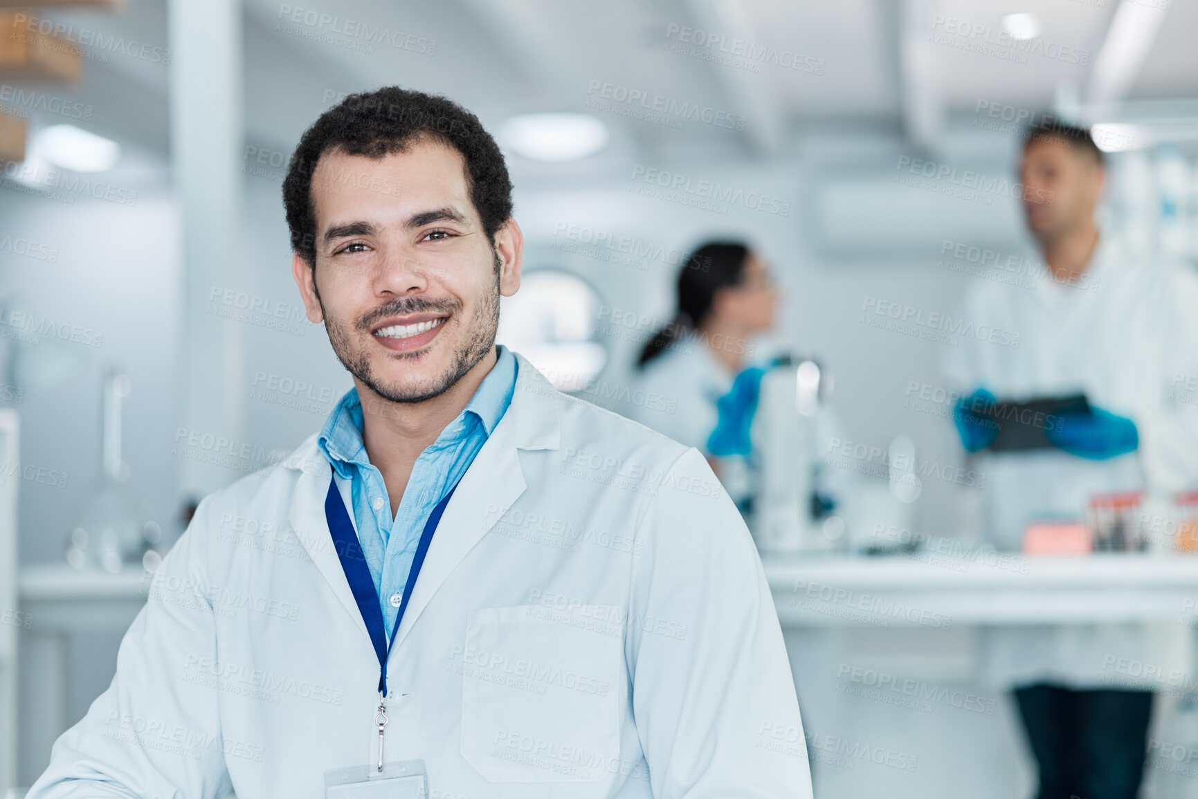 Buy stock photo Man, portrait and smile in lab for science, chemical engineering and pharma production. Happy, scientist and pride in research facility for career, medical knowledge or medicine development in study