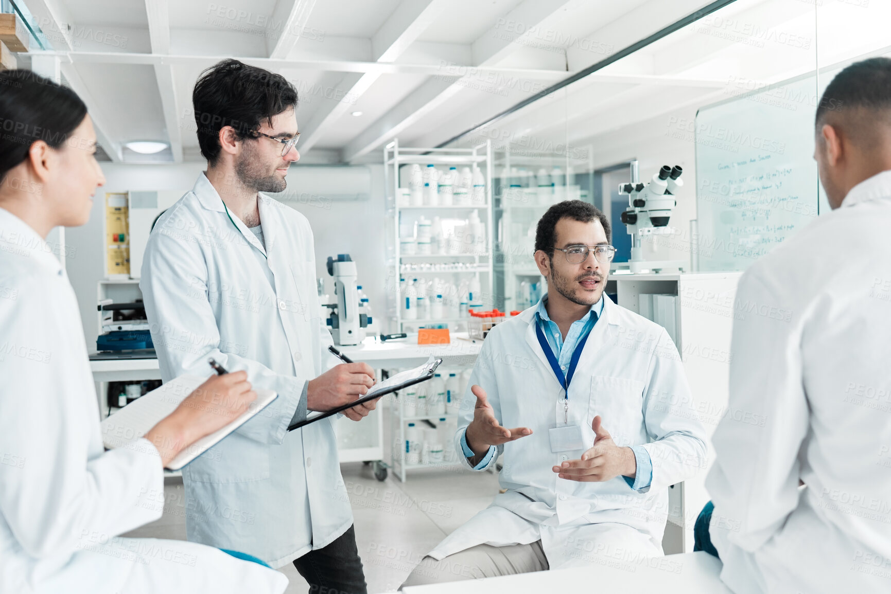 Buy stock photo Writing, meeting or scientists talking for science breakthrough, clinical trial and discovery. Discussion, testing feedback and vaccine research in lab for results notes, teamwork or medicine cure