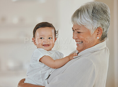 Buy stock photo Baby, grandmother and home with love, bonding and support together with generations. Grandparents, care and happy senior woman with newborn and fun in living room with family and cute young girl