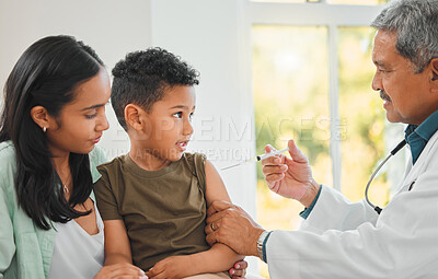 Buy stock photo Pediatrician, woman and child with injection, health and vaccine for growth or development in clinic. Mother, boy and doctor with needle at hospital for immunity, routine check and illness prevention