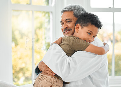 Buy stock photo Happy man, doctor and hug child patient with smile for good news, love or support at home consultation. Mature, pediatrician or medical professional with care and embrace boy for checkup results