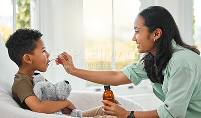 Buy stock photo Cough syrup, house and mother with boy, sick and wellness with medicine, illness and cure. Apartment, bedroom and single parent with son, kid or treatment for virus, family or home ready for recovery