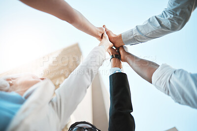 Buy stock photo Group of people, high five and solidarity in below for job opportunity, interview or onboarding. Team, business and together for feedback, networking and human resources agency with success as staff