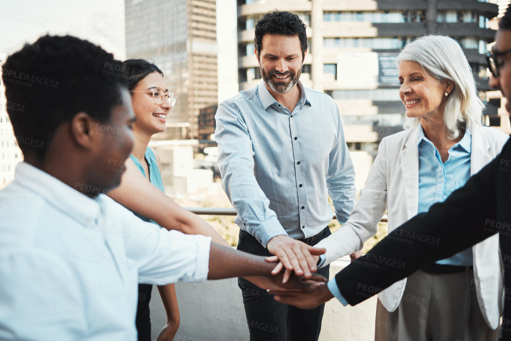 Buy stock photo Business people, hands together and team building in city for job opportunity or collaboration. Solidarity, group and diversity for feedback, networking or human resources agency as staff for success