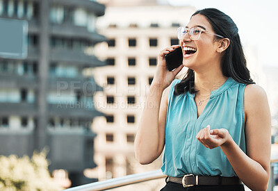 Buy stock photo Phone call, laughing and rooftop with business woman in city for communication, networking and contact. Real estate developer, property manager and consultant with person for lease negotiation