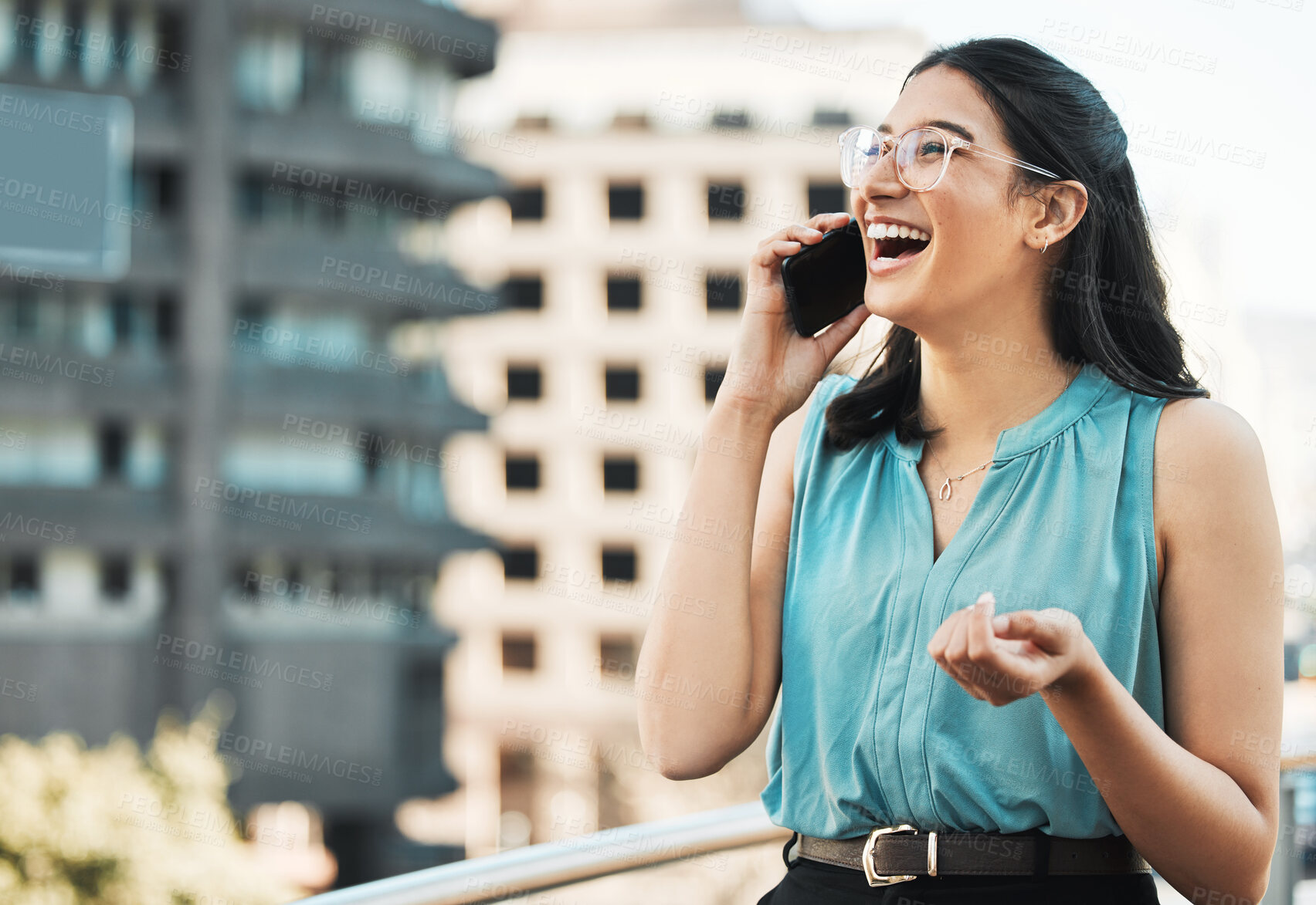 Buy stock photo Phone call, laughing and rooftop with business woman in city for communication, networking and contact. Real estate developer, property manager and consultant with person for lease negotiation