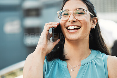 Buy stock photo Phone call, laughing and happy with business woman in city for communication, networking and contact. Real estate developer, property manager and consultant with person for lease negotiation