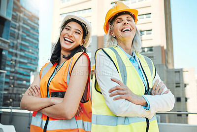 Buy stock photo Shot of two contractors standing outside together with their arms crossed